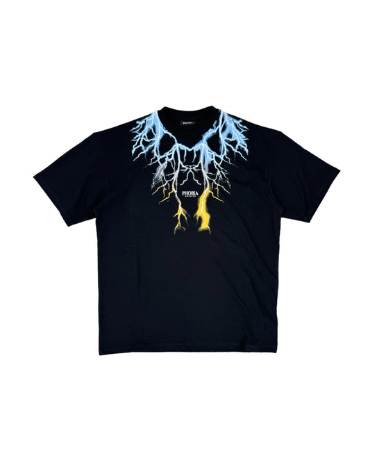 Phobia T-shirt Nera con Fulmini Blu-Giallo