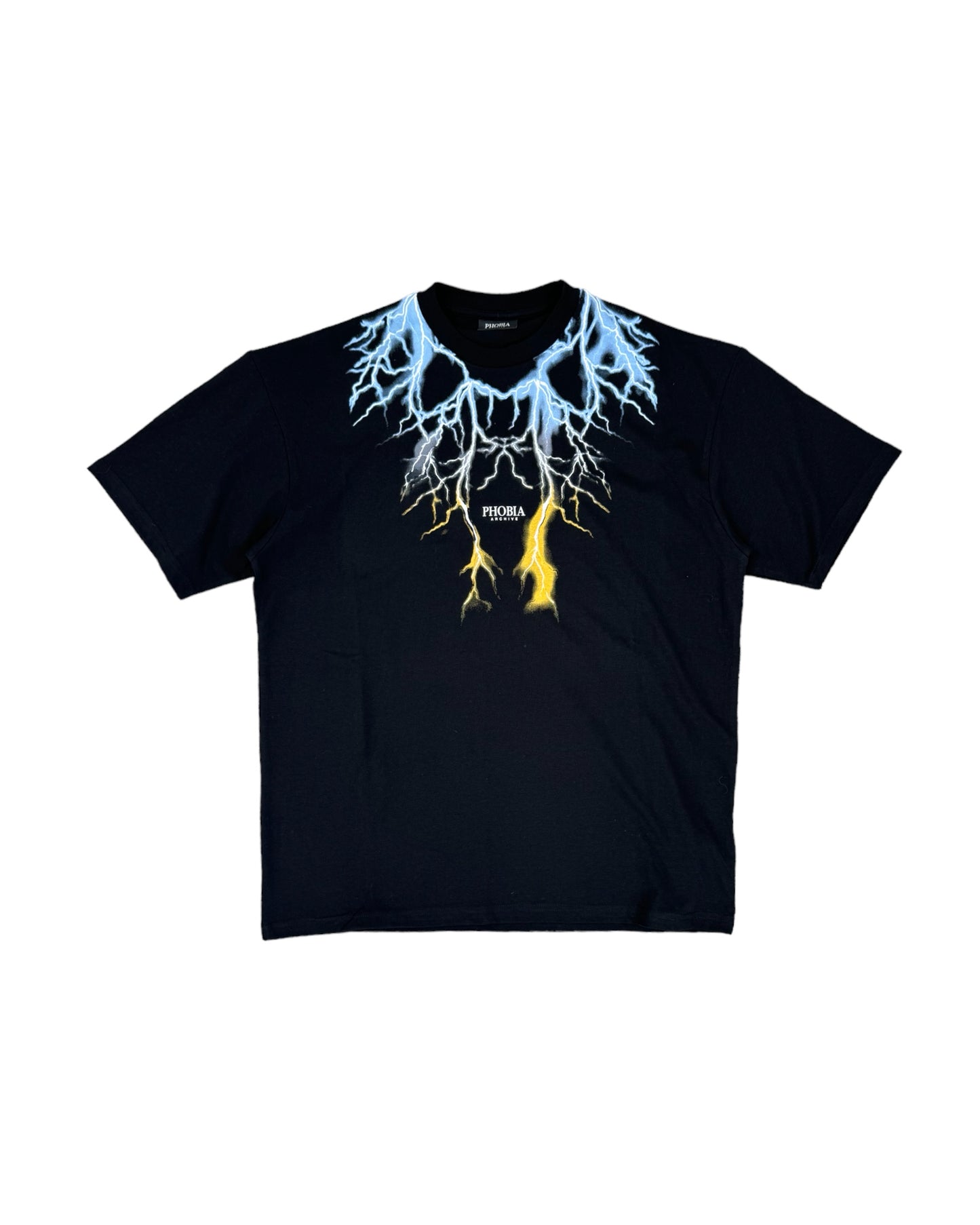 Phobia T-shirt Nera con Fulmini Blu-Giallo
